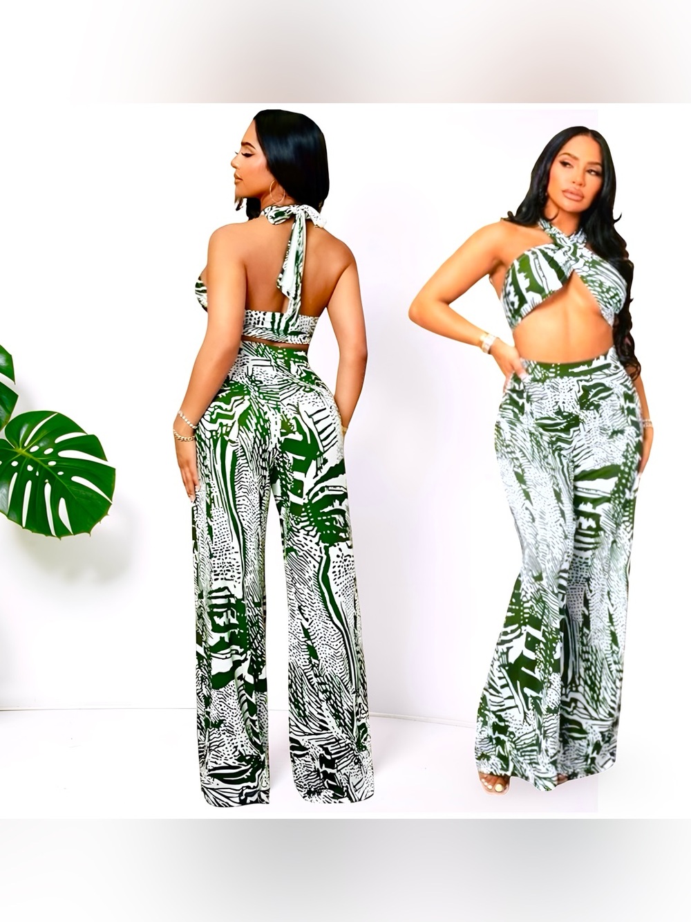 NWT✨SHEIN SXY Green & White Tropical Backless Crop Halter Top &  Two-Piece Set